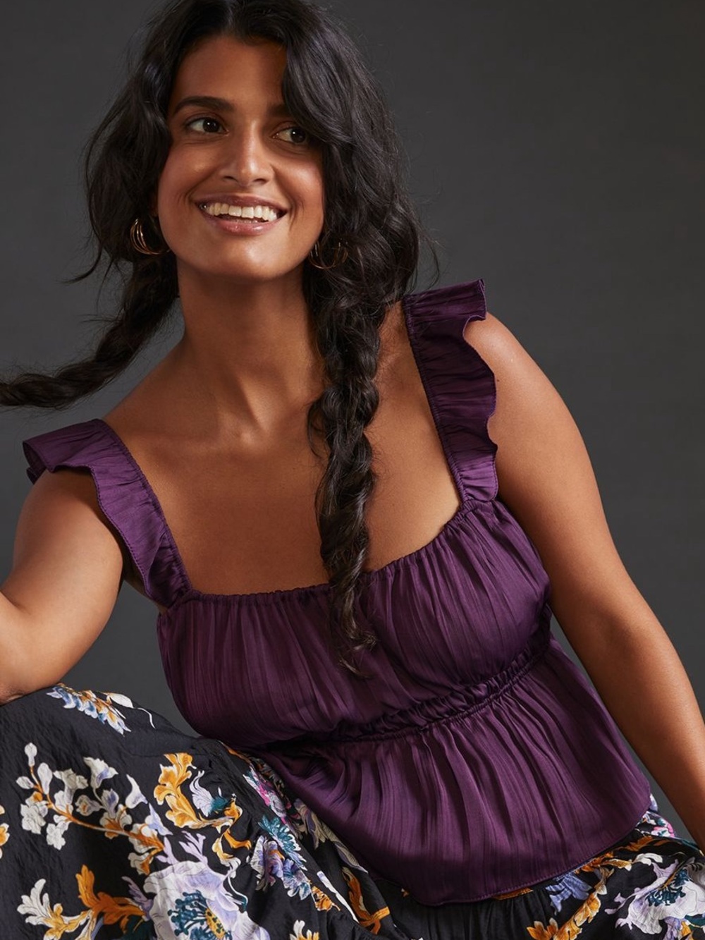 Anthropologie Satin Tiered Ruffled Tank Top in Purple XL/1X